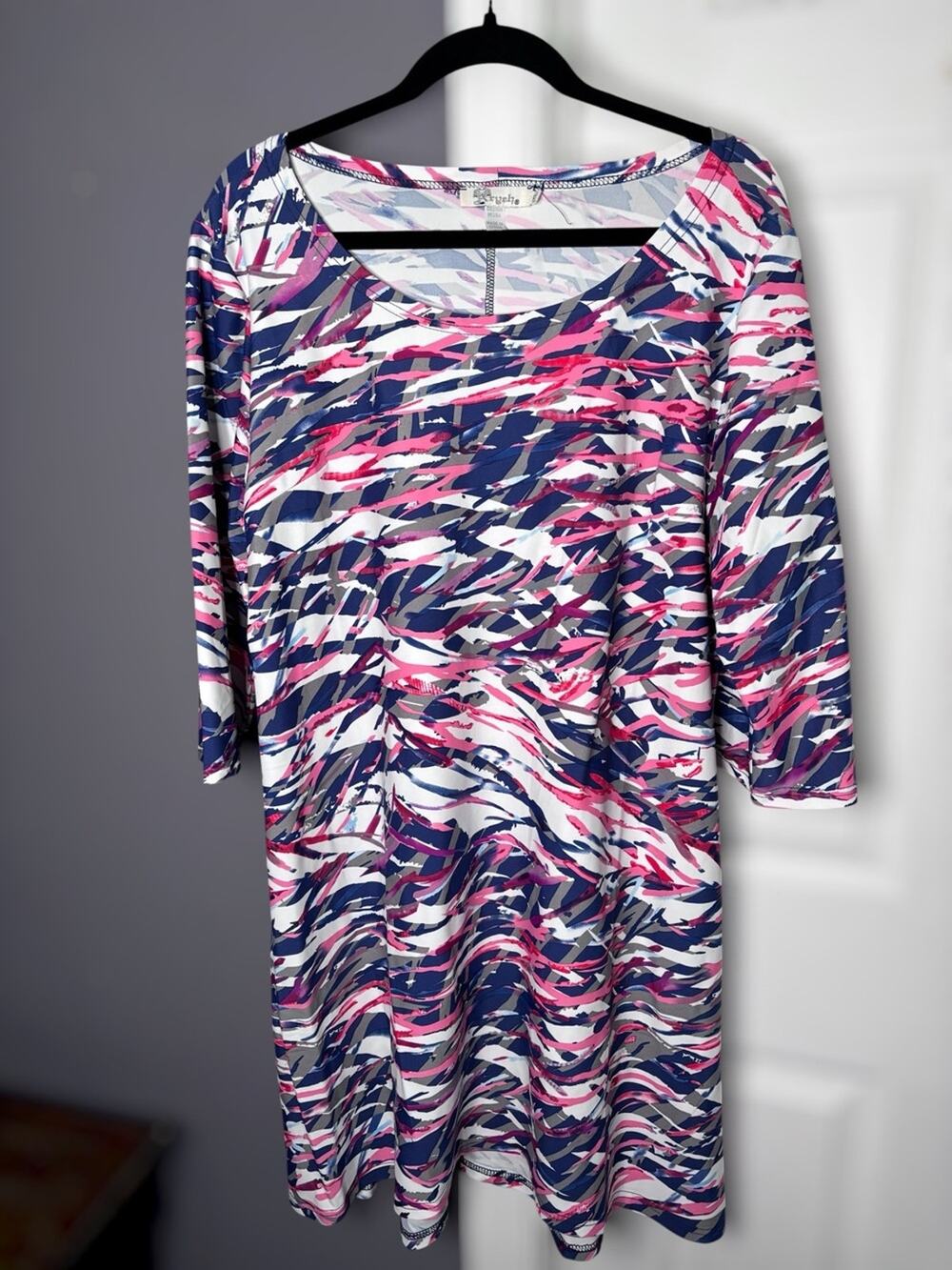 Aryeh Blue Pink Print Long Sleeve Sheath Dress XL